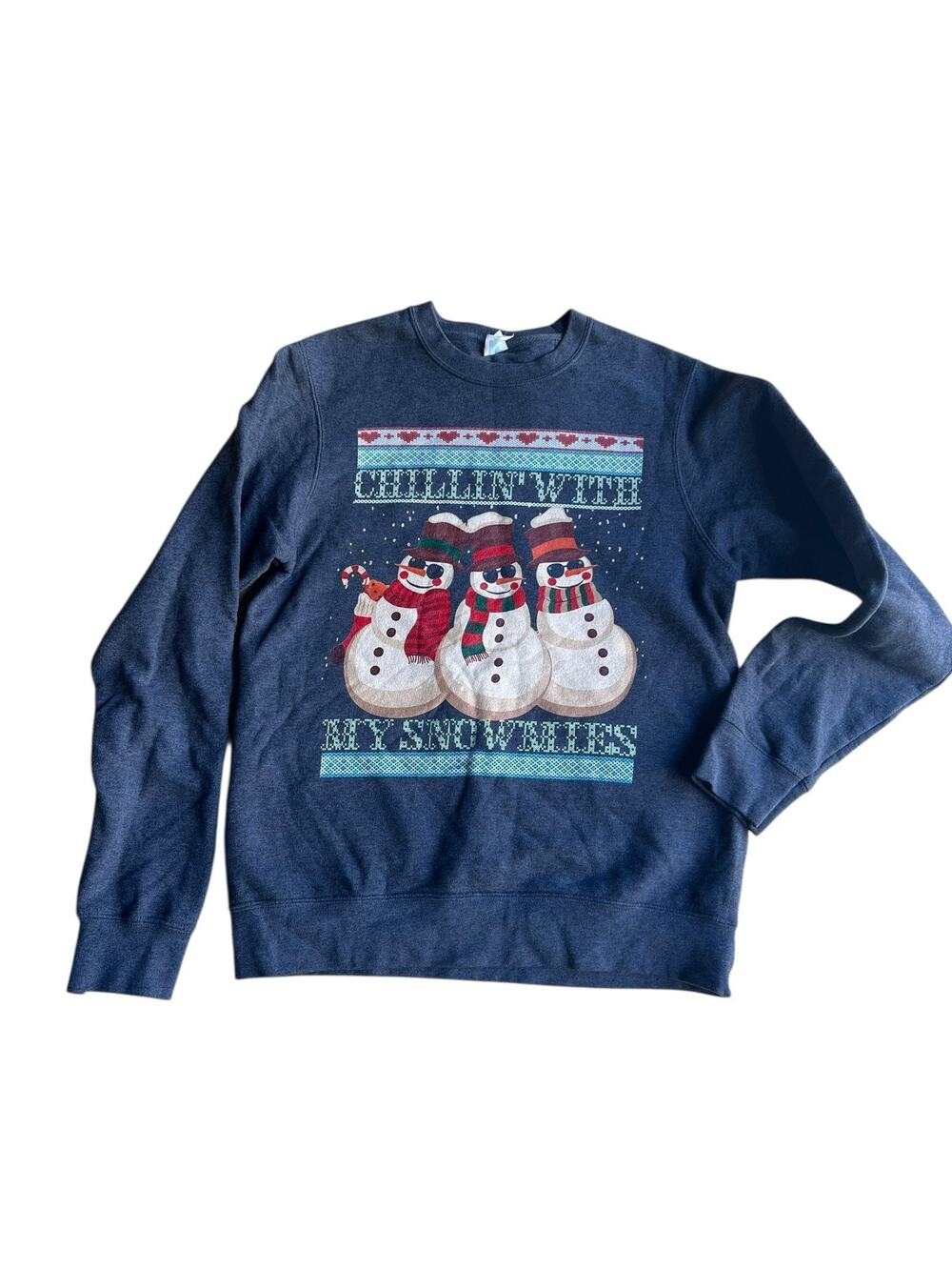 Port & Company Women's Ugly Christmas Snowman Sweatshirt Blue Size Small